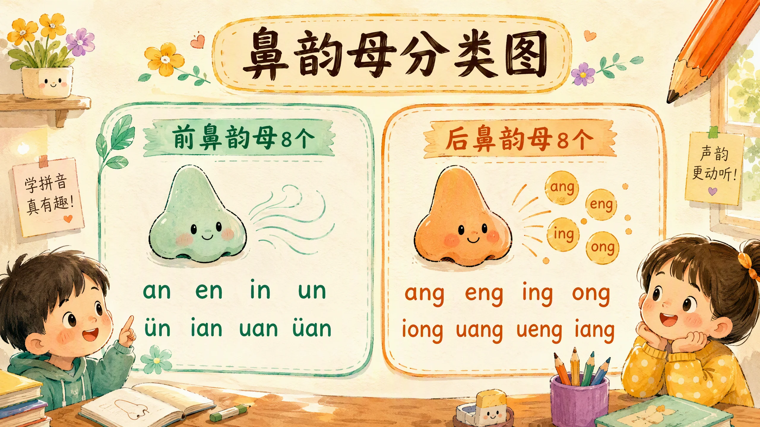 鼻韵母分类图：前鼻韵母和后鼻韵母