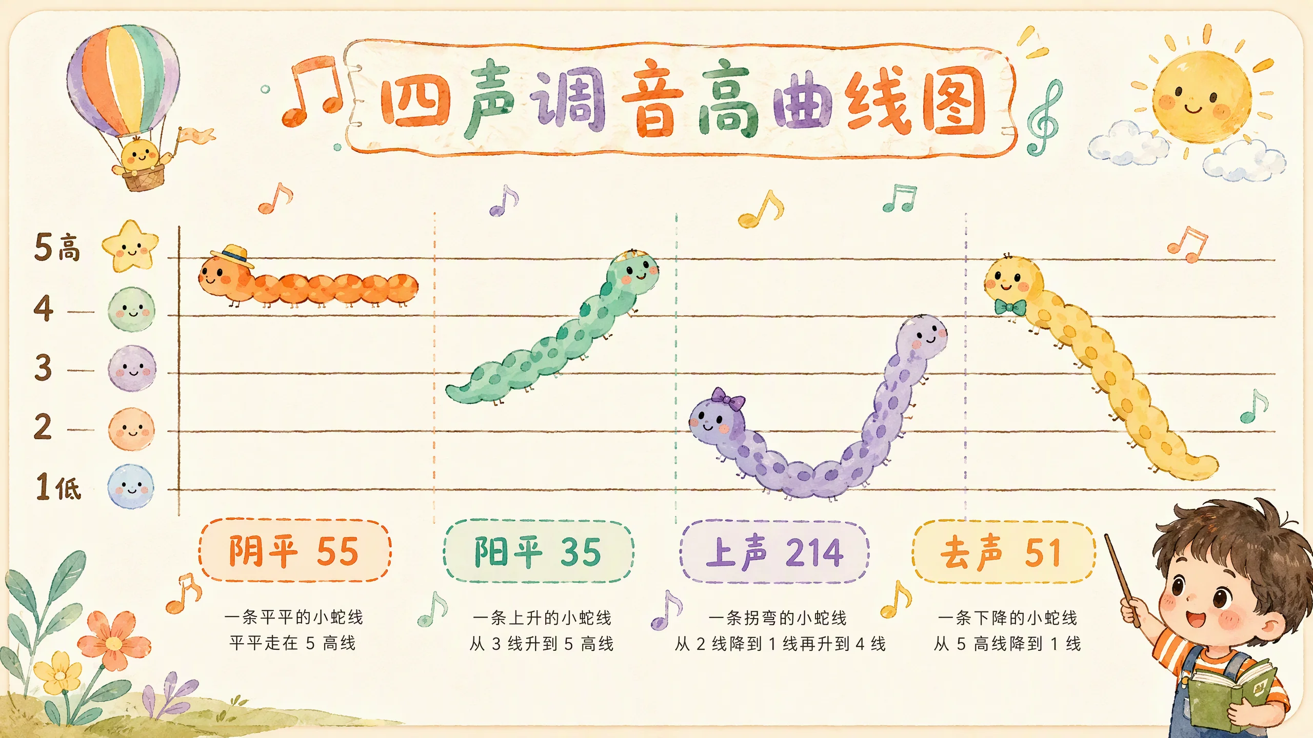 四声调音高曲线图：阴平阳平上声去声
