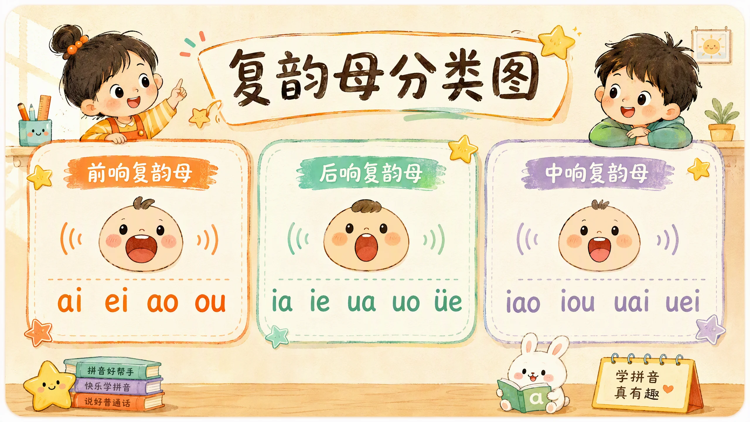 复韵母分类图：前响后响中响