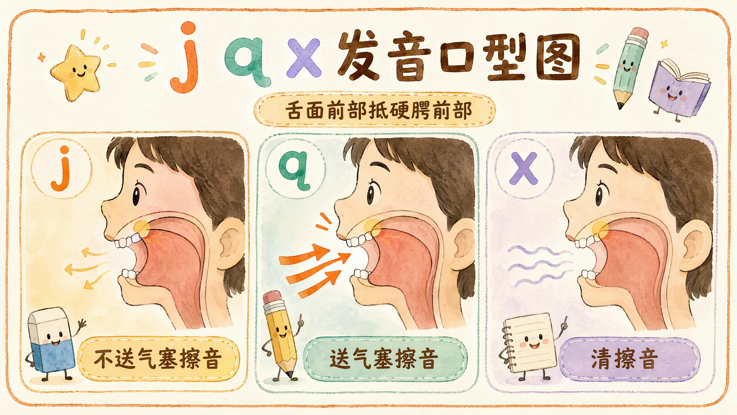j q x发音口型图：舌面前音
