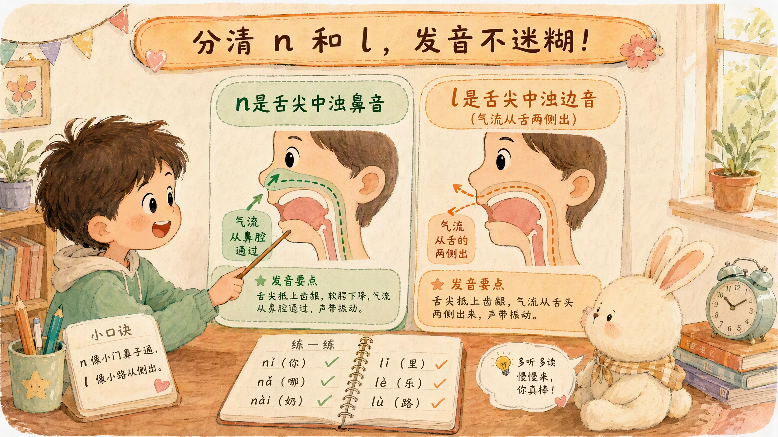 n和l发音口型对比图：鼻音和边音