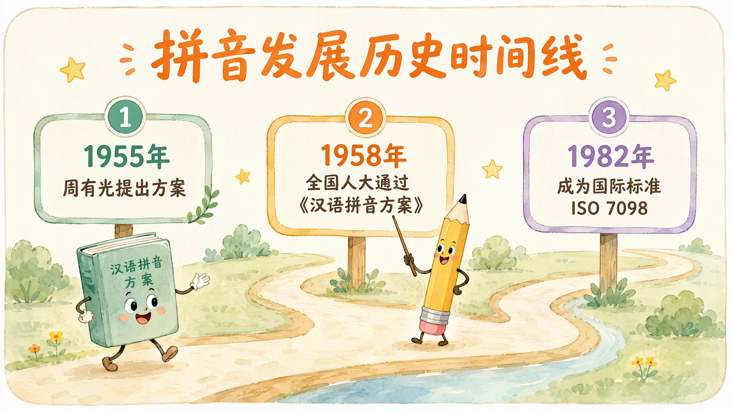 拼音发展历史时间线：1955年制定到1982年成为国际标准