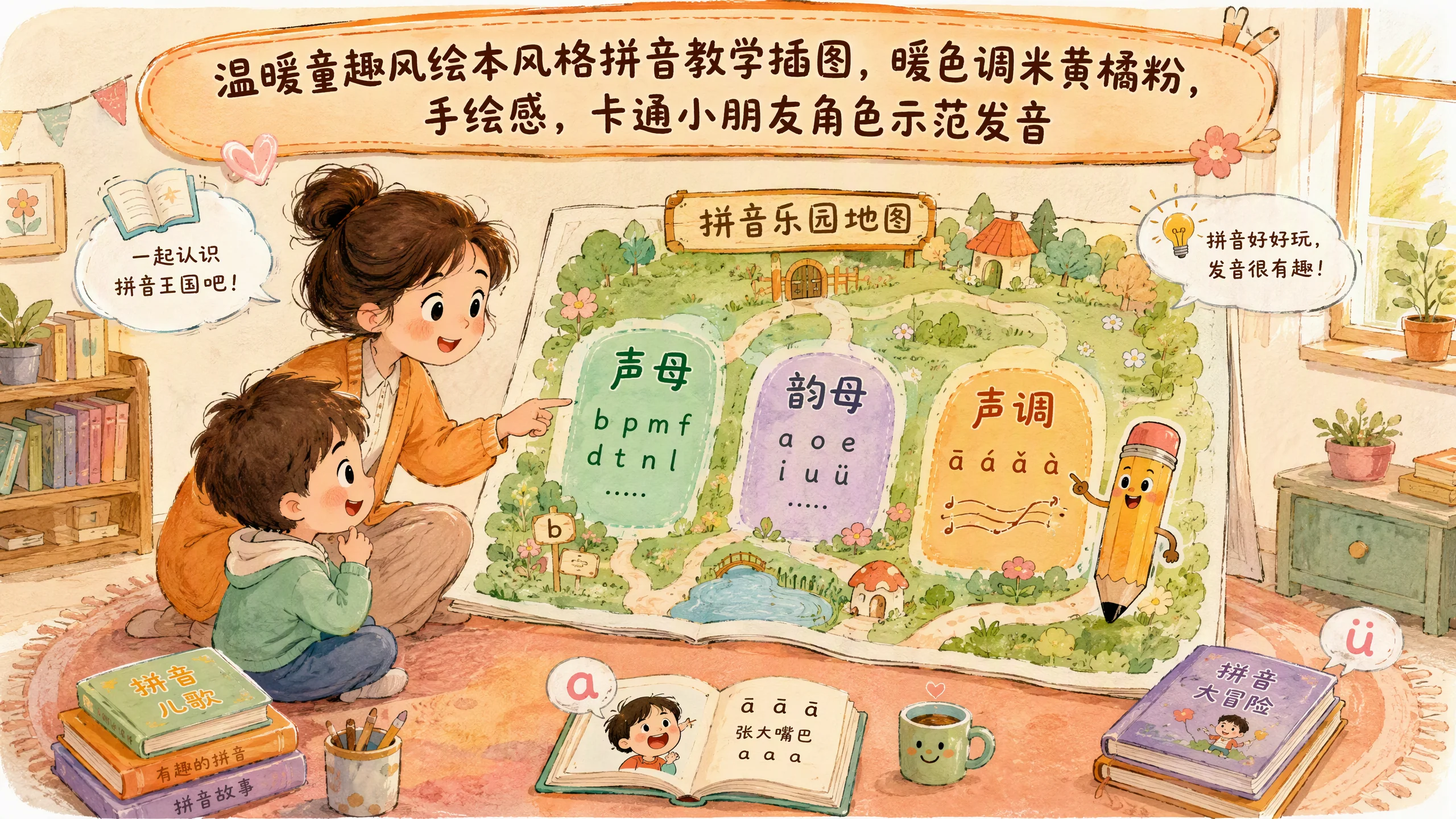 拼音系统总览图：声母+韵母+声调组成音节
