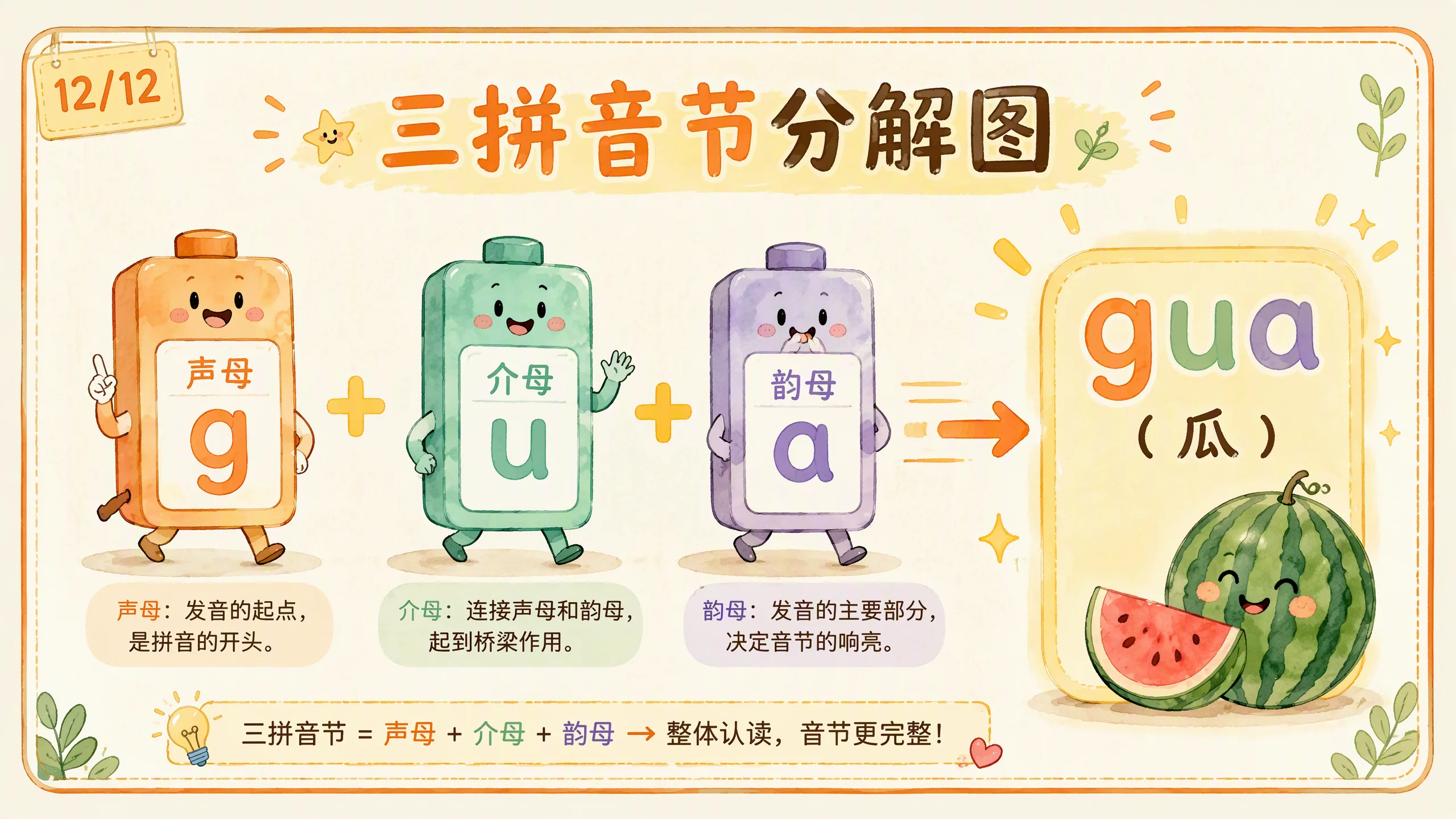 三拼音节分解图：声母+介母+韵母