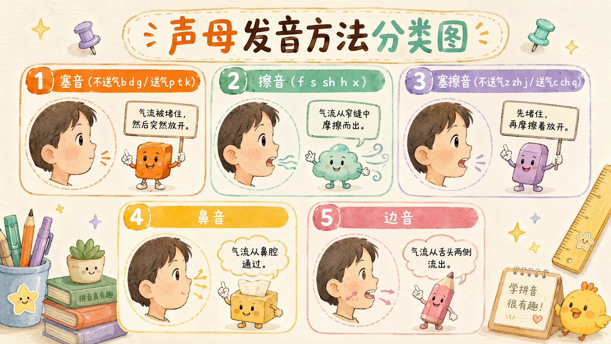 声母发音方法分类图：塞音擦音塞擦音鼻音边音五种方法