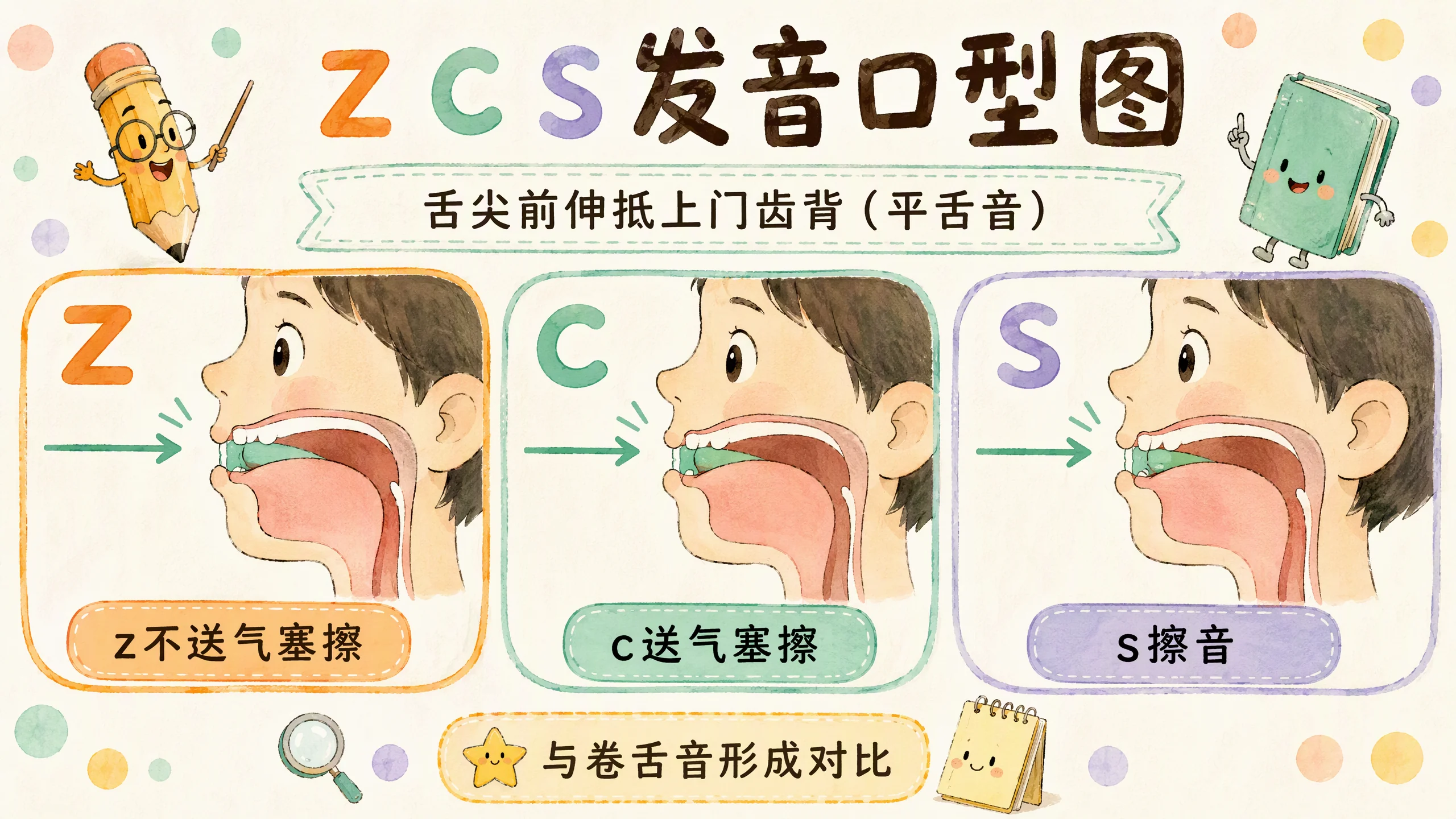 z c s发音口型图：舌尖前音平舌音